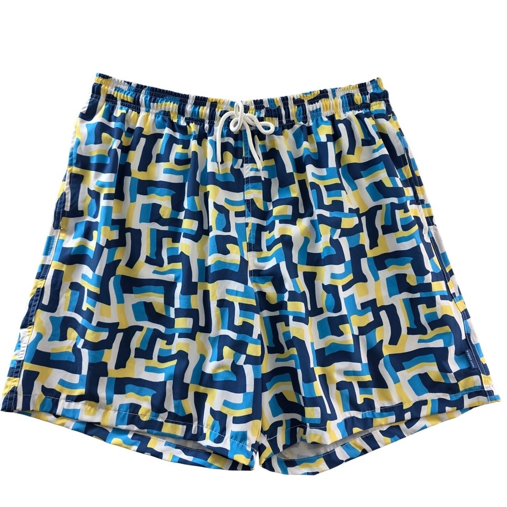 Hot Coals Mens Swim Trunks XL Blue Yellow Geometric Maze Quick Dry UPF 50+ New